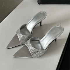 New Silk Slippers Thin Mules Beach Slides Shoes Low Heel Pumps