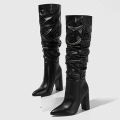 Spring Pleated Chunky Heels Slip On Pointed Toe Knee High Boots
