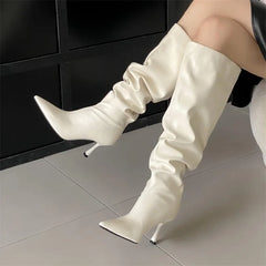 Pleated Designer Pointed Toe Long Thin Heels Knee High Boots