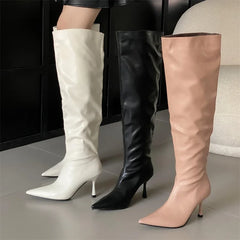 Pleated Designer Pointed Toe Long Thin Heels Knee High Boots