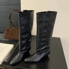 Autumn Soft Leather Cosy Pointed Toe Wedges Heels Long Knee High Boots