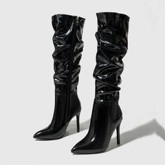 Patent Leather Pointed Toe Thin Heels Zipper Long Knee High Boots
