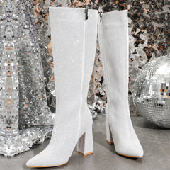 Sequin Cloth Pointed Toe Heels Banquet Zipper Party Knee High Boots