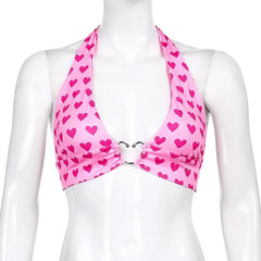 Pink Heart Print Cute Bustier Crop Top