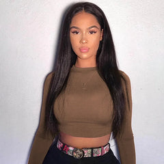 Solid Basic Long Sleeve Womens Tshirt Casual Black White Crop Top