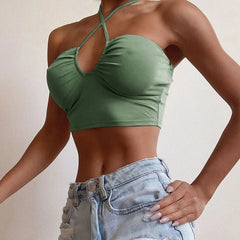 Sexy Solid Lace Up Bow Halter Ruched Crop Top