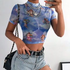 Angel Print Mesh Sexy T Shirt Crop Top