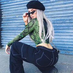 Casual Green Snake Print T Shirt Mesh Top