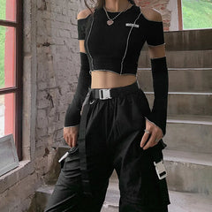 Patchwork Black T-shirts Gothic One Shoulder Sleeve Crop Tops