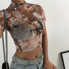 Angel Print Mesh Sexy T Shirt Crop Top