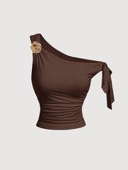 Slim Fit One Shoulder Side Tie-Strap Pleating Waist Crop Top