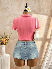 Polo Collar Front Tie Knot Short Sleeve Crop Top