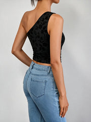 Floral Flocked Mesh One Shoulder Crop Top