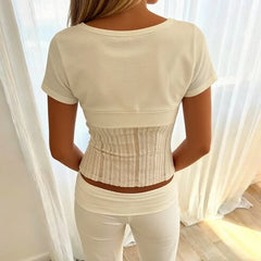 V Neck Button Front Crop Top