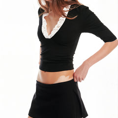 Lace Trim Deep V Neck Crop Top