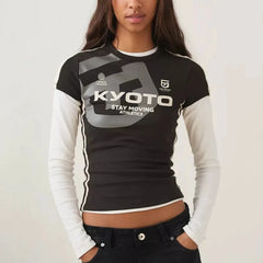 Round Neck Short Sleeve Slim Fit Cropped T-Shirt Star Letter Print Stripe Splicing Top