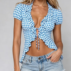 Y2K Gingham Plaid Short Sleeve Peplum Top