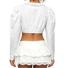 Lace Trim Collar Cropped Blouse Cottage Daily Office T-Shirt