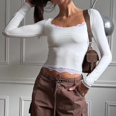 Coquette Y2K Feminine Daily Fall Spring T-shirt Lace Trim Square Neck Long Sleeve Crop Top