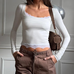 Coquette Y2K Feminine Daily Fall Spring T-shirt Lace Trim Square Neck Long Sleeve Crop Top
