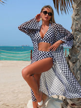 Vintage Black Plaid Print Long Sleeve Cover Up Bikini Set