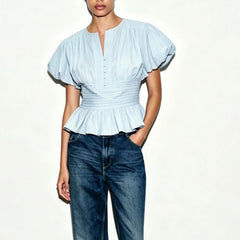 Solid Color Short Bubble Sleeve Smocked Waist Crop Top