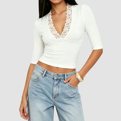 Women's Lace Trim V-Neck Slim Fit Tops