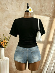 Front Side Ruched Slim Fit Cropped Casual T Shirt