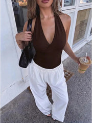 Solid Color Halter Neck V-Neck Sleeveless Top