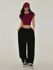 Grunge Y2K Clothes High Street Style Plain Black Crop Tee Top