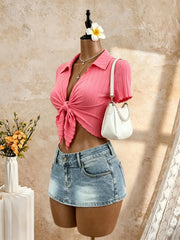 Polo Collar Front Tie Knot Short Sleeve Crop Top