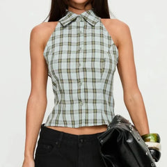 Y2K Gingham Halter Vest Top