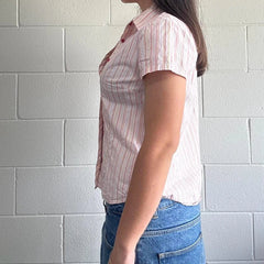 Striped Button Up Blouse Tees 90s Vintage Cottage Slim Fit T-shirt Laides Short Sleeve Crop Tops