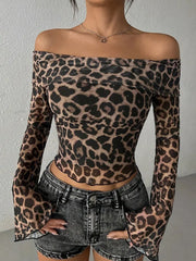 Leopard Off Shoulder Female Versatile Knitted Tees