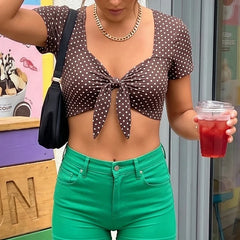 Polka Dot Front Tie Knot Crop Top