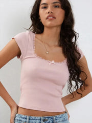 Square Neck Short Sleeve Tee Shirt White Milkmaid Crop Top