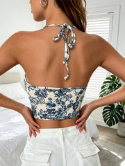 New Y2K Irregular Cut Print Halter Crop Top