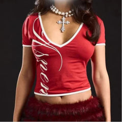 V Neck Short Sleeve Cropped T-Shirt with Letter Print Y2K Style Slim Fit Casual Streetwear Top