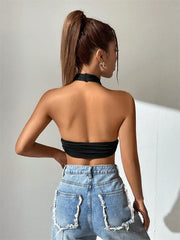 Sleeveless Backless Deep V-neck Halter Top
