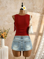 Round Neck Sleeveless Side Tie Knot Ruched Slim Fit Crop Tank Top