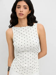 Women's Elegant Polka Dots Slim Fit Pleating Waist Boat Collar Tank Top