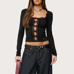 Y2K Lace Trim Square Neck Button Up Front Long Sleeve Crop Top