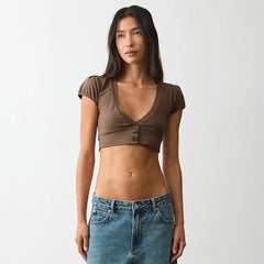 Solid V Neck Button Front Crop Top