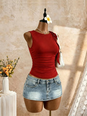 Round Neck Sleeveless Side Tie Knot Ruched Slim Fit Crop Tank Top