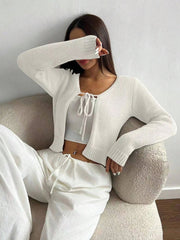 Front Strap Cropped Cardigan Rib-knit Long Sleeve