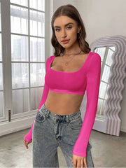 Autumn Winter Women's Sports Leisure Short Knitted High Elastic Long Sleeve T-shirt Top