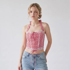 Drawstring Bandage Camisoles Lace Trim Tank Tops