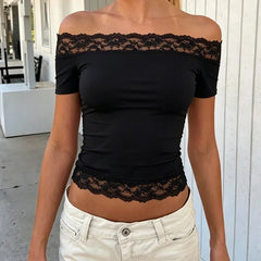 Y2K Coquette Sexy Short Sleeve T-shirt Off Shoulder Lace Trim Crop Top