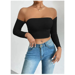 Women's Off Shoulder Long Sleeve Crop Top