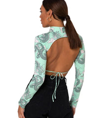 Women's Dragon Pattern Crop T-shirt Long Sleeve Backless Sexy Tee Elastic Skinny Top